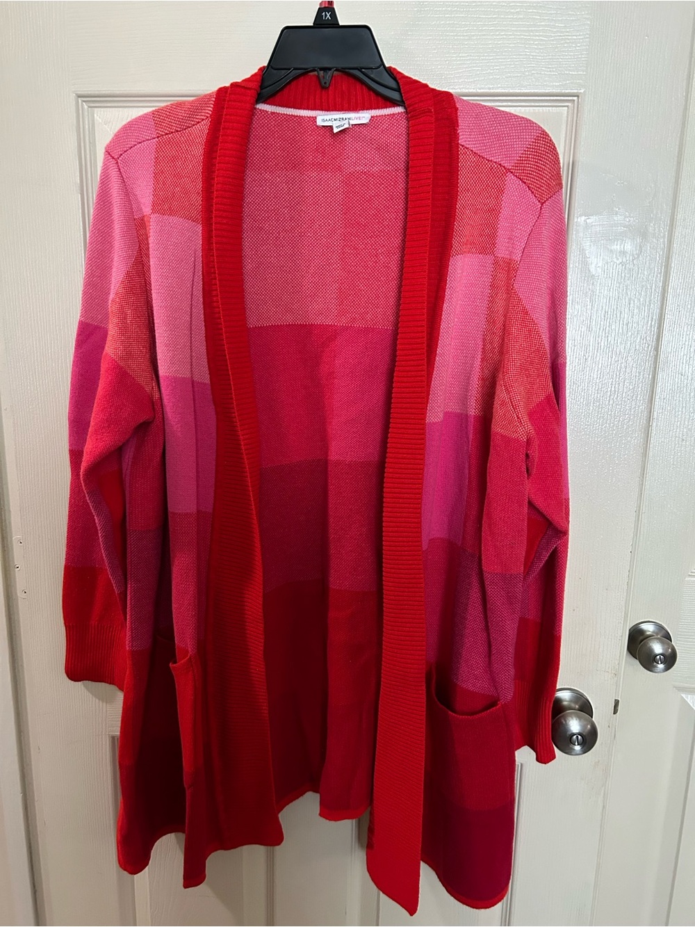 Isaac Mizrahi Pink and Red Colorblock Open-Front Cardigan